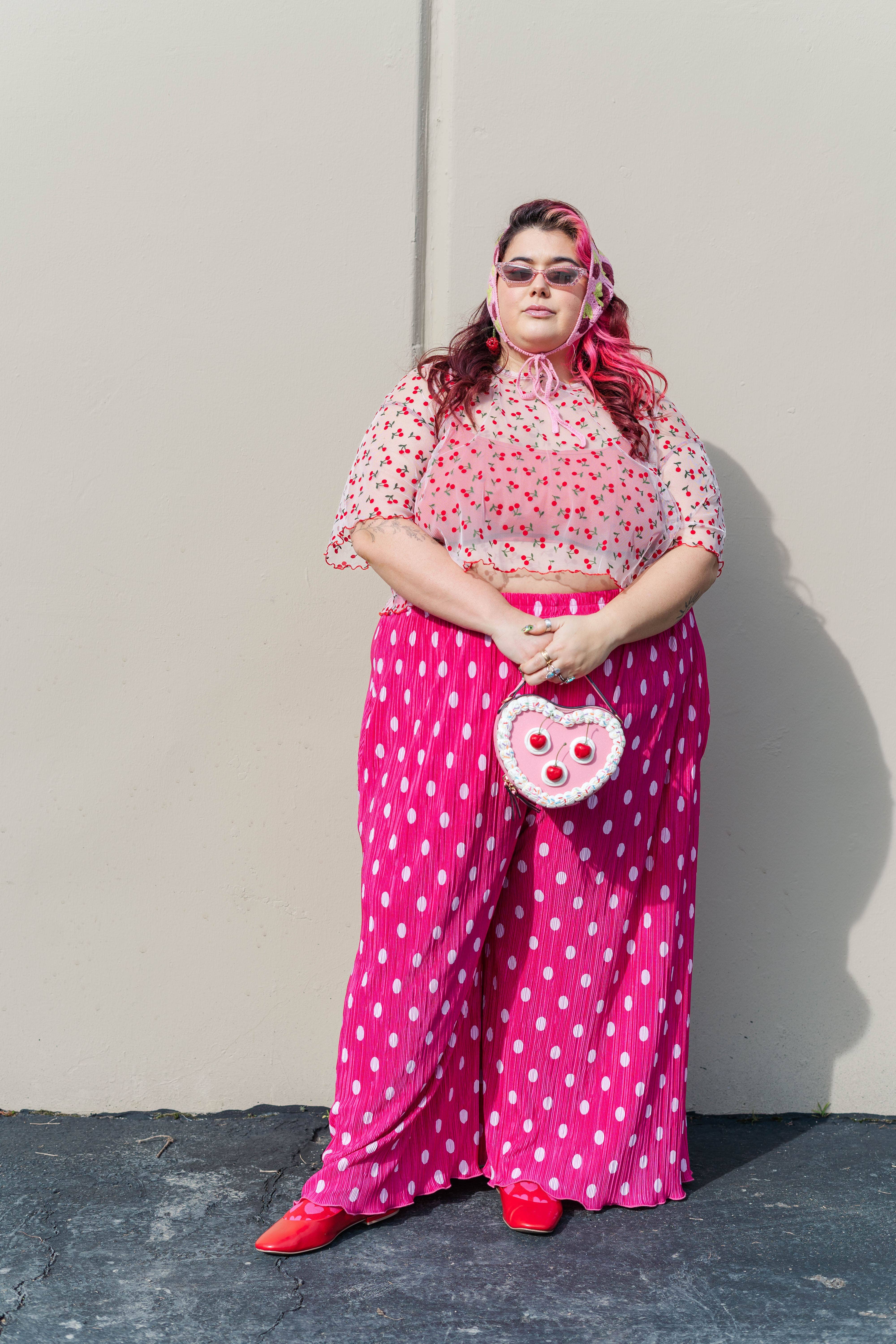 Nettle Studios - Wholesale Pants - Women's - Size Inclusive Hot Pink & White Polka Dot Pleated Flare Pant32
