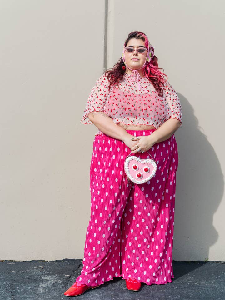Nettle Studios - Wholesale Pants - Women's - Size Inclusive Hot Pink & White Polka Dot Pleated Flare Pant32