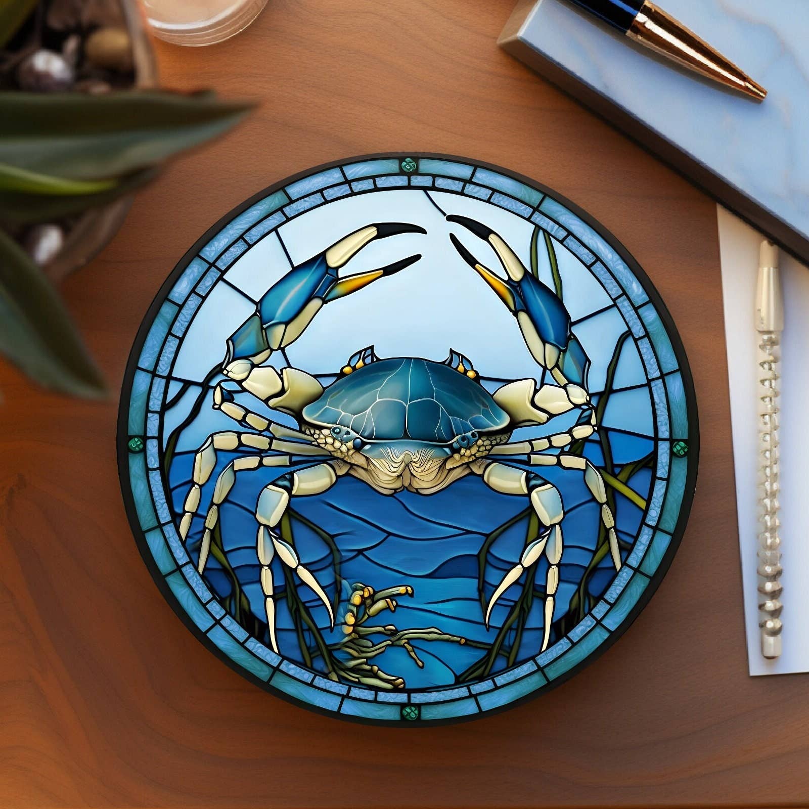 Fernville Creations - Wholesale Coasters - Blue Crab Ceramic Coaster with Printed Stained Glass Design
