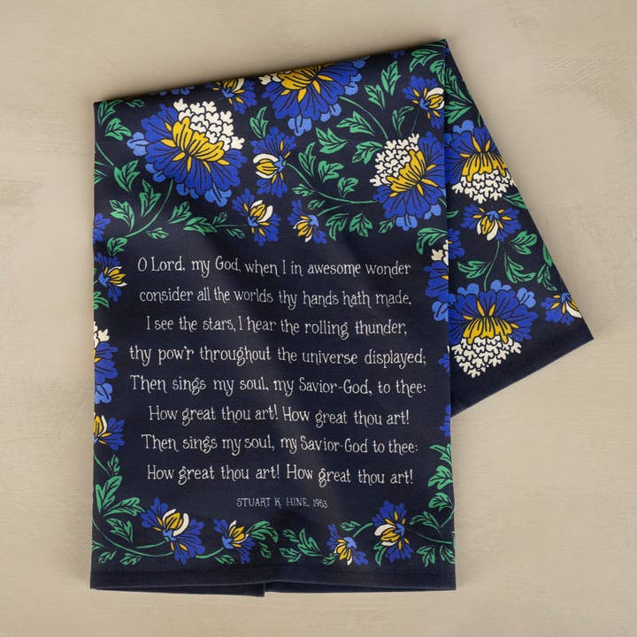 How Great Thou Art Hymn Tea Towel - Full Color Navy for wholesale by Little Things Studio