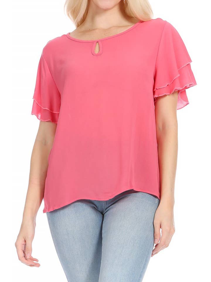 MOA COLLECTION - Wholesale Blouse - Women's - Casual Solid Flowy Short Flutter Sleeve Key Hole Blouse8