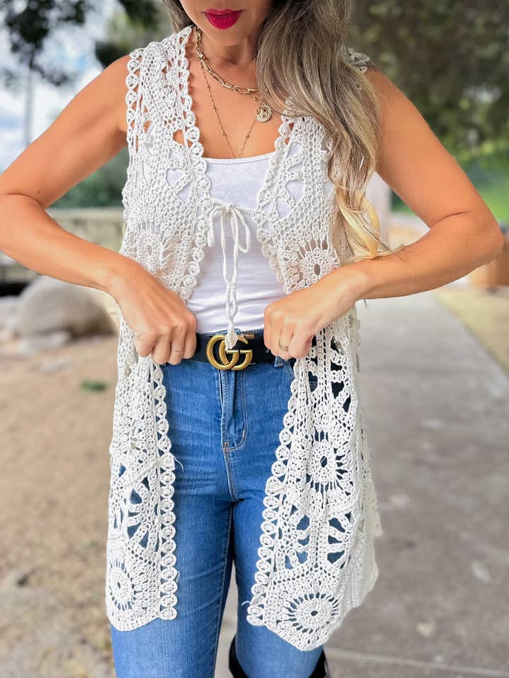 Hexagon Boho Floral Pattern Open Front Tunic Crochet Vest for wholesale by AMOLI