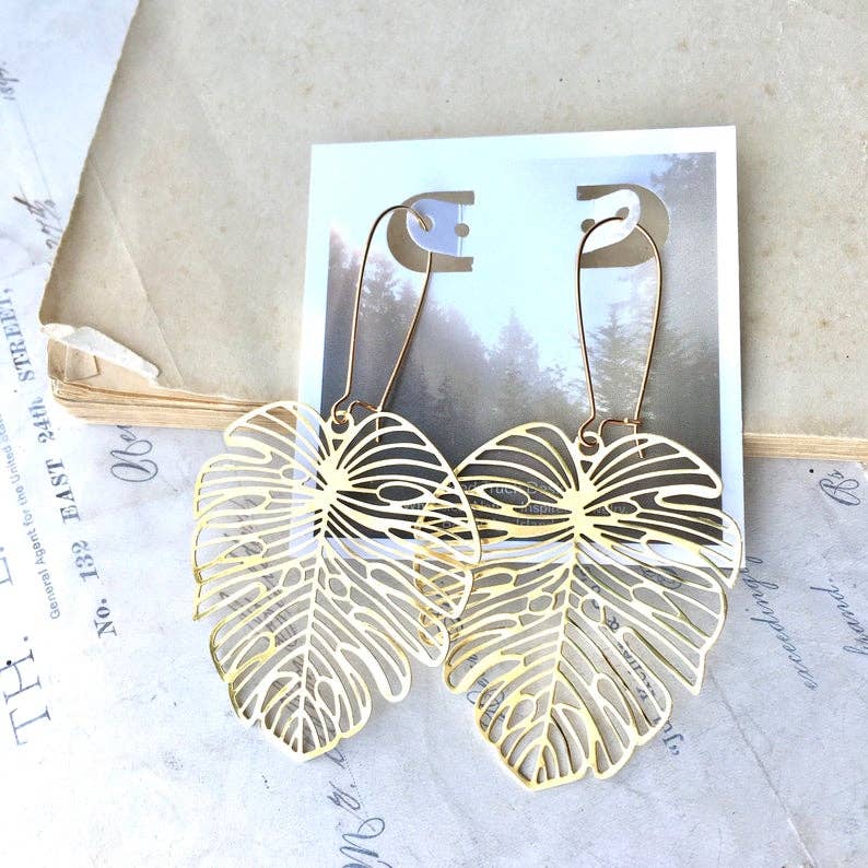 Red Truck Designs - Wholesale Dangle Earrings - Monstera Leaf Earrings Large Long Gold Lace Tropical1