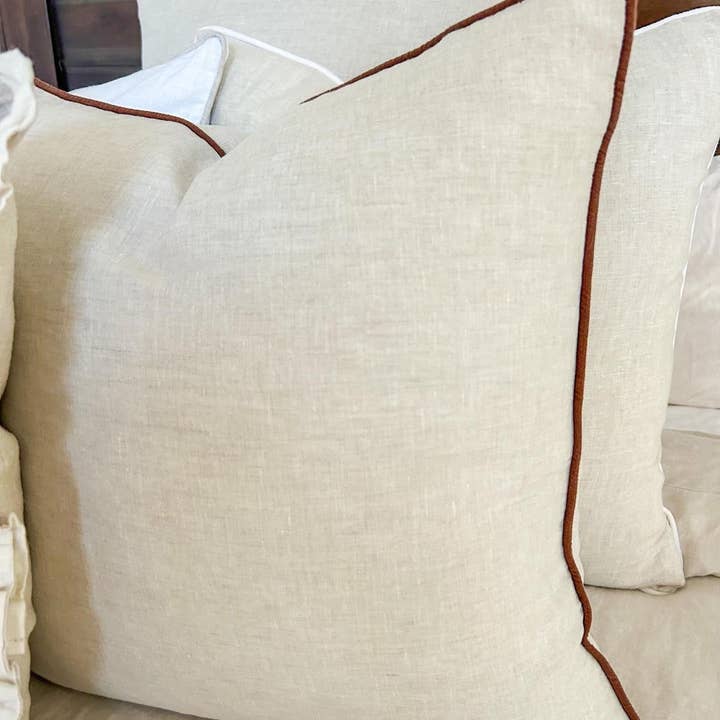 Mama and Tochter - Wholesale Throw Pillow Cover - Linen Cushion Cover with Piped Edge - Natural with Coffee Pi