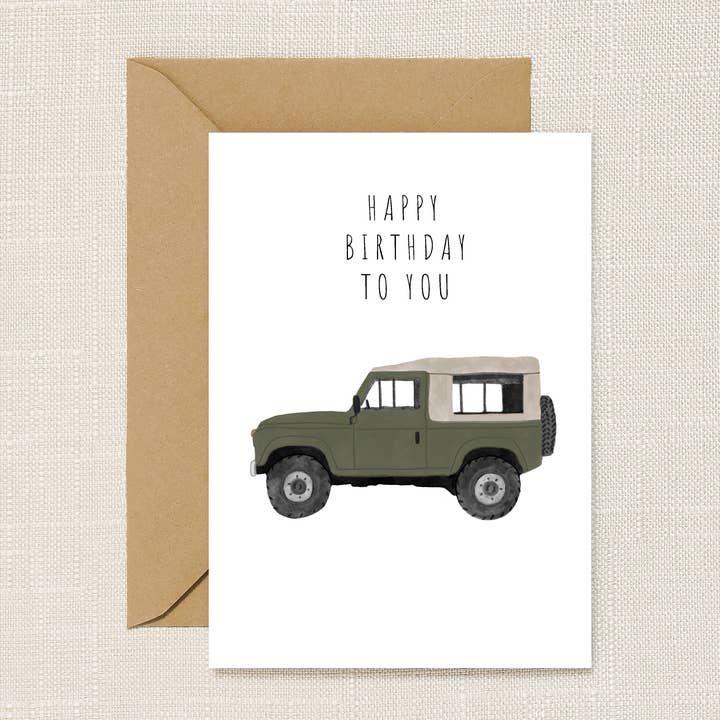 HeatherLucyJ Design – wholesale Birthday card – Green Landrover Defender Birthday Card