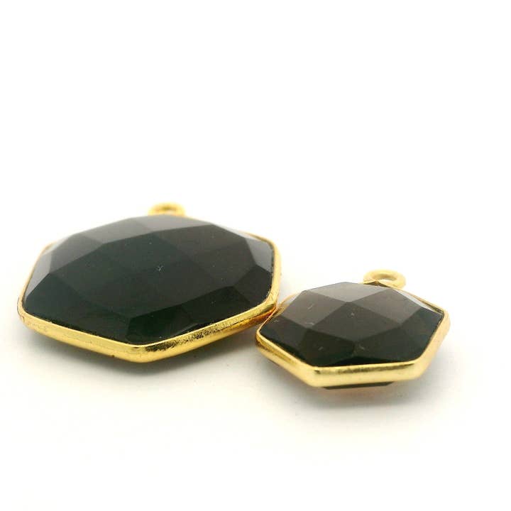 Purity Beads - Wholesale Individual Charm/Pendant - Black Onyx Hexagon Corner Loop Pendant 12mm 15mm 18mm | One Loop Gold Plated Over Sterling Silver and Sterling Silver Gemstone Pendant