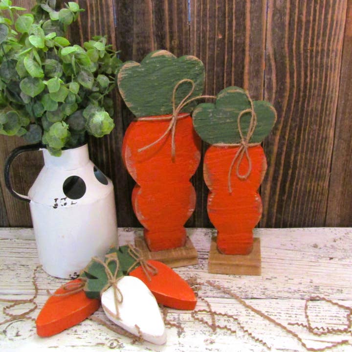Rustic Wood Standing Carrots Set of 2 for wholesale by Tattered Grace