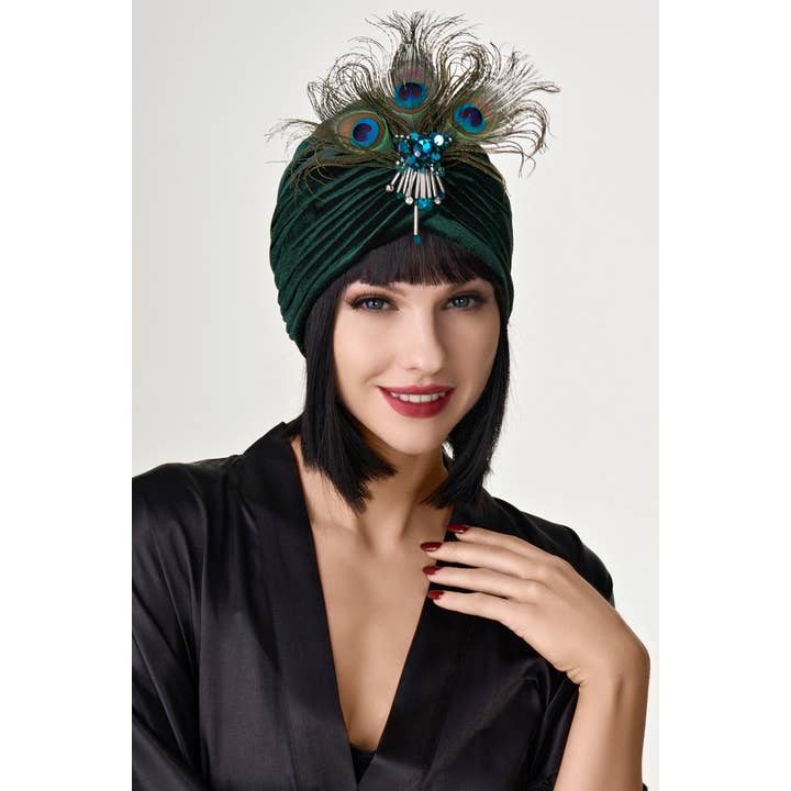 Dark Green 1920s Peacock Sequin Turban Hat for wholesale on Faire