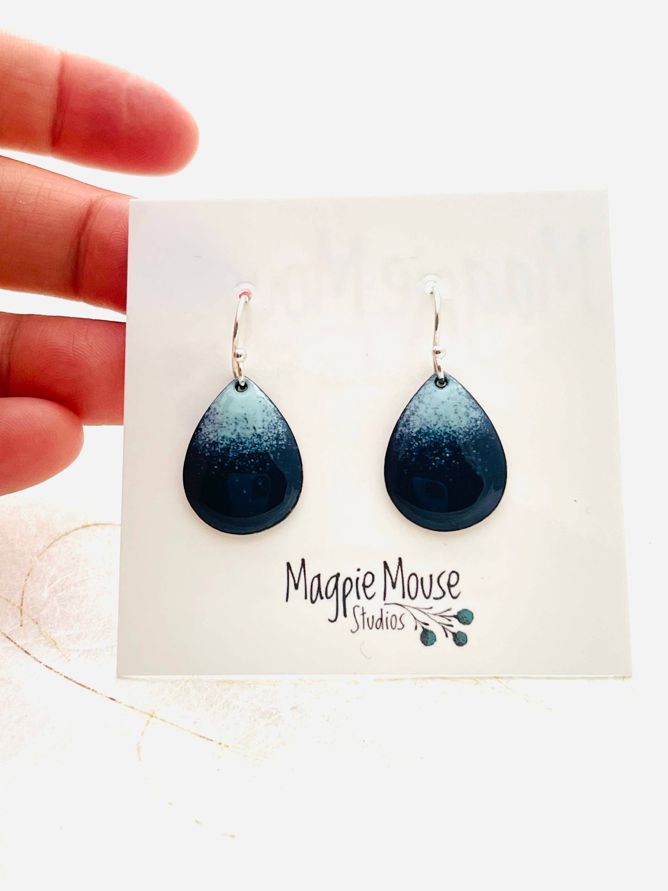 Magpie Mouse Studios – wholesale Dangle earrings – Small Teardrop Earrings, Navy Blue Ombrè Enamel Minimalist 6