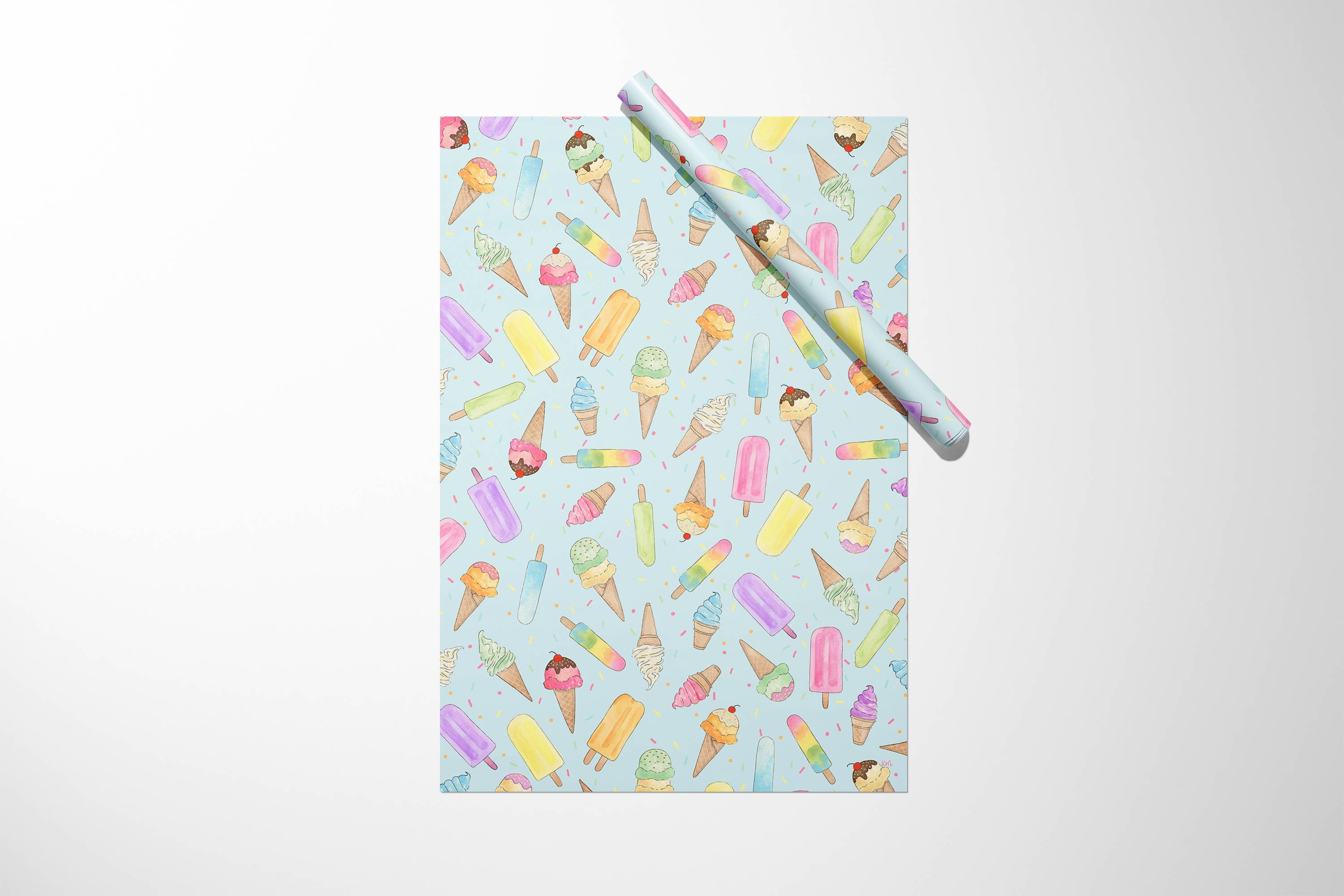 KelseyMDesigns - Wholesale Wrapping Paper Roll - Ice Cream  - Birthday Wrapping Paper - 3 Sheet Roll4