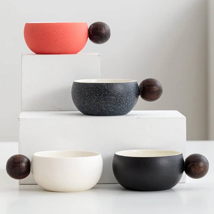 110ML Ceramic Coffee Cups with Wooden Handles for wholesale by Homerely (We Cover All Import Duties)