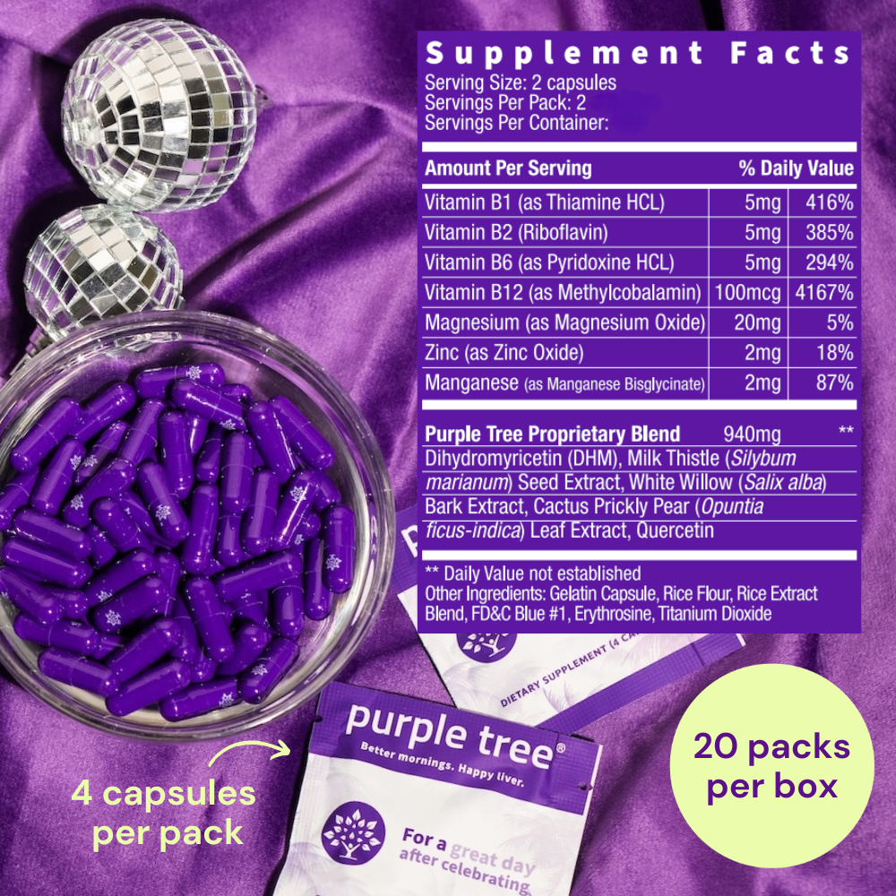 Purple Tree Labs - Wholesale Oral Supplement/Vitamin - Purple Tree Post-Celebration Kit POS - 20 To-Go Packs4