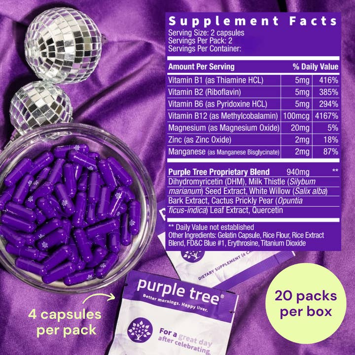 Purple Tree Labs - Wholesale Oral Supplement/Vitamin - Purple Tree Post-Celebration Kit POS - 20 To-Go Packs4