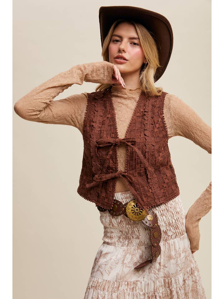 Listicle - Wholesale Outerwear Vest - Women’s - Embroidered Lace Tie-Front Vest LVT00938