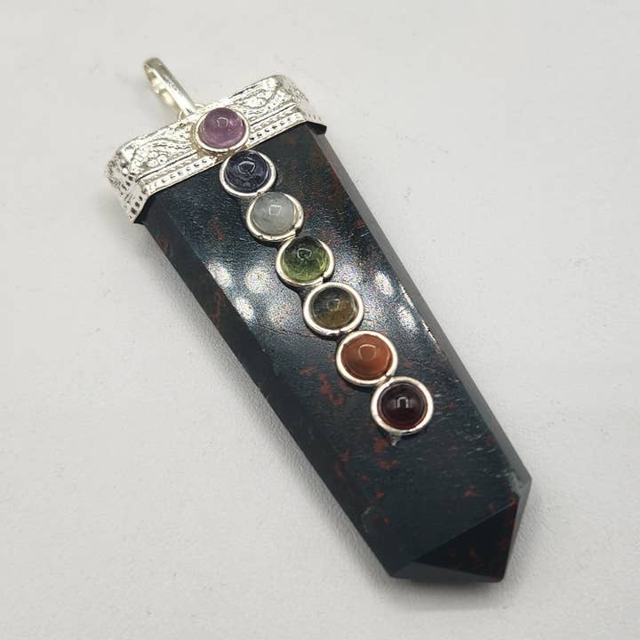 Bloodstone Flat Gemstone Pendant w/Chakra-Silver Color Metal for wholesale by Meraki Gemstones
