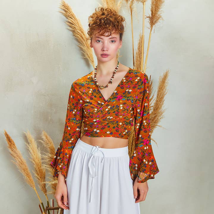Los Banditos - Wholesale Blouse - Women's - Yellow Flower Gypsy Style Bell Sleeve Crop Top2