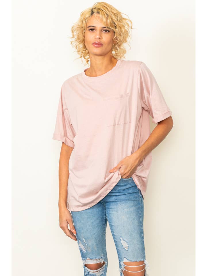 Elloh Collection – wholesale T-shirt – women's – Round Neck Boyfriend Fit Cotton T-Shirt with Front Pocket3