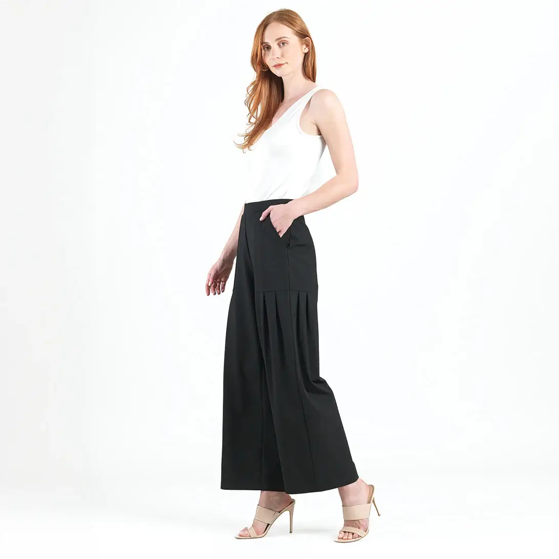 Clara Sunwoo - Wholesale Pants - Women's - PT70RA - Rayon-Ponte Knit - Pleated Wide Leg Pocket Pant0