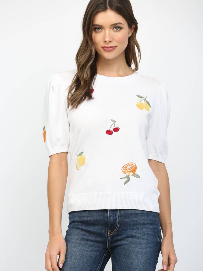 Geborduurde sweater-top met korte mouwen en fruitmotief FW14207 voor wholesale door FATE