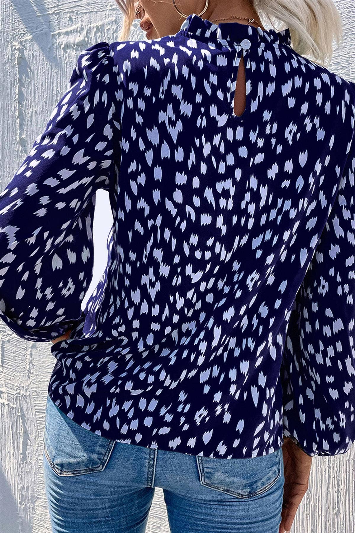 Animal Print Frill Detail High Neck Top In Navy for wholesale on Faire1