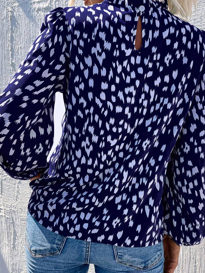 Animal Print Frill Detail High Neck Top In Navy for wholesale on Faire1