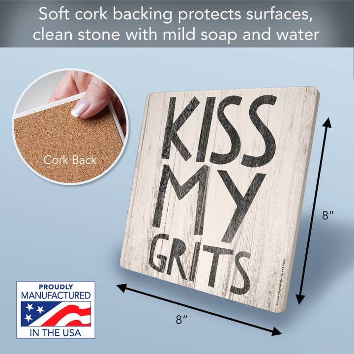 CounterArt/Highland Home/Thirstystone/CoasterStone - Wholesale Trivet - Kiss My Grits Decorative Heat Tolerant Ceramic Stone Trivet
