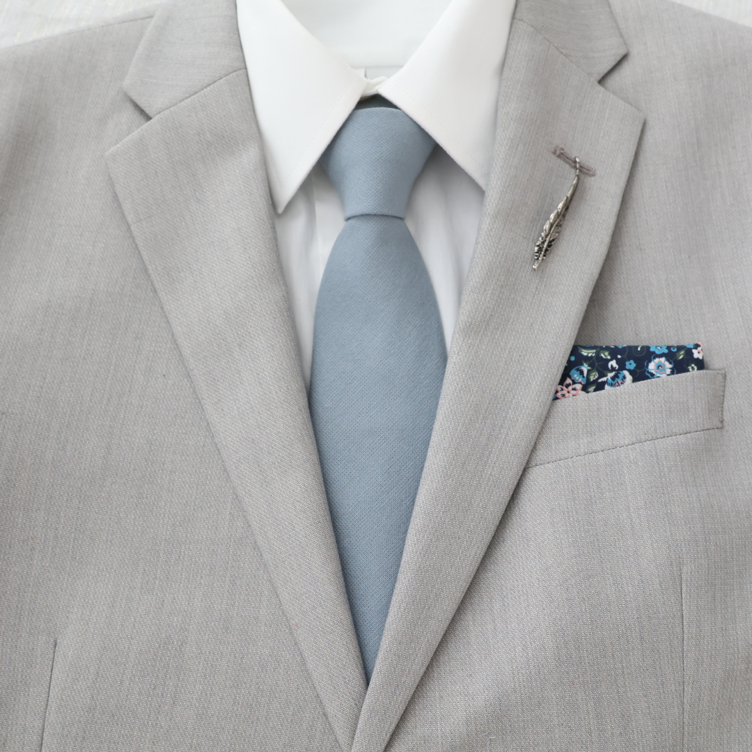 Tie Mood - Wholesale Necktie - Men's - Dusty Blue Solid Front with Floral Print Tail Tie2