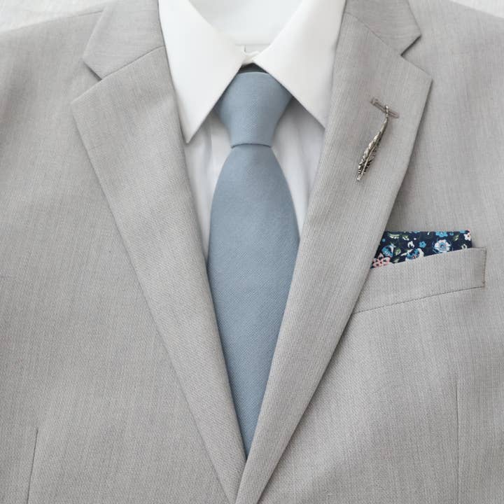 Tie Mood - Wholesale Necktie - Men's - Dusty Blue Solid Front with Floral Print Tail Tie2