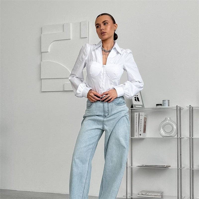 Sheer Trend - Wholesale Button Down Shirt - Women's - Solid Color Poplin Shirt1