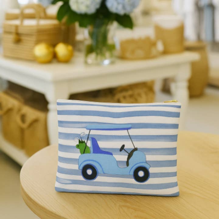 Leinentasche — Blaue Streifen mit blauem Golfwagen für den Großhandel von Peachy Pendants