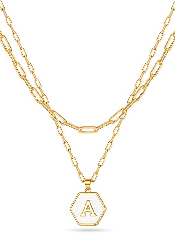 14k Gold Layered Paper Clip Hexagon Initial Chain Necklace for wholesale by MRKD for Life