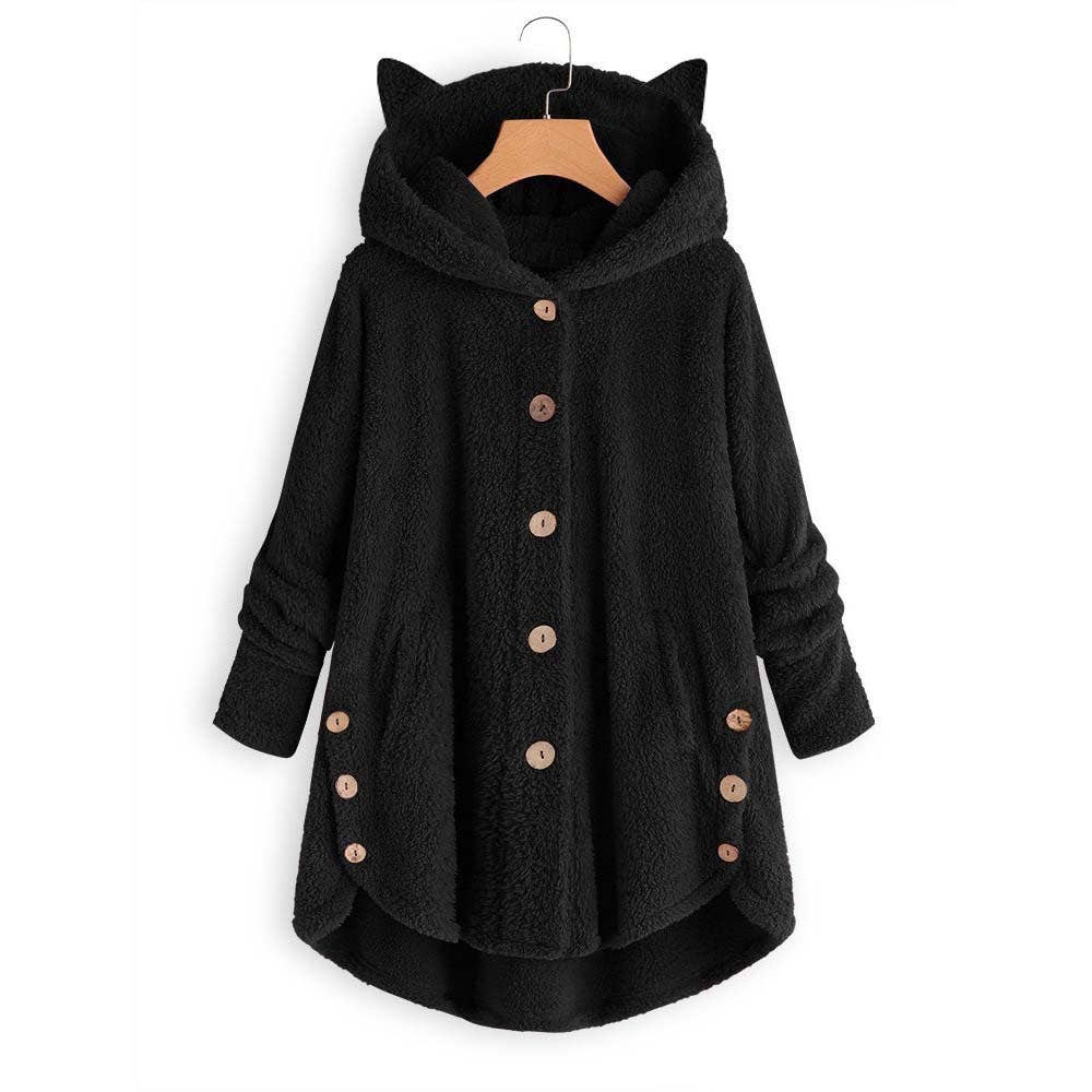 Lily Clothing - Wholesale Coat - Women's - BUTTON-UP HOODED CAT EARS PLUSH SOLID COAT0