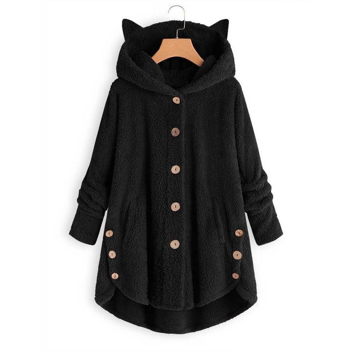 Lily Clothing - Wholesale Coat - Women's - BUTTON-UP HOODED CAT EARS PLUSH SOLID COAT0