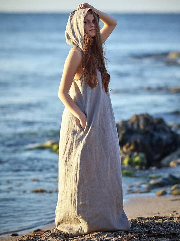 GRIJS Originele losse grijze maxi-jurk met capuchon voor groothandel op Faire2