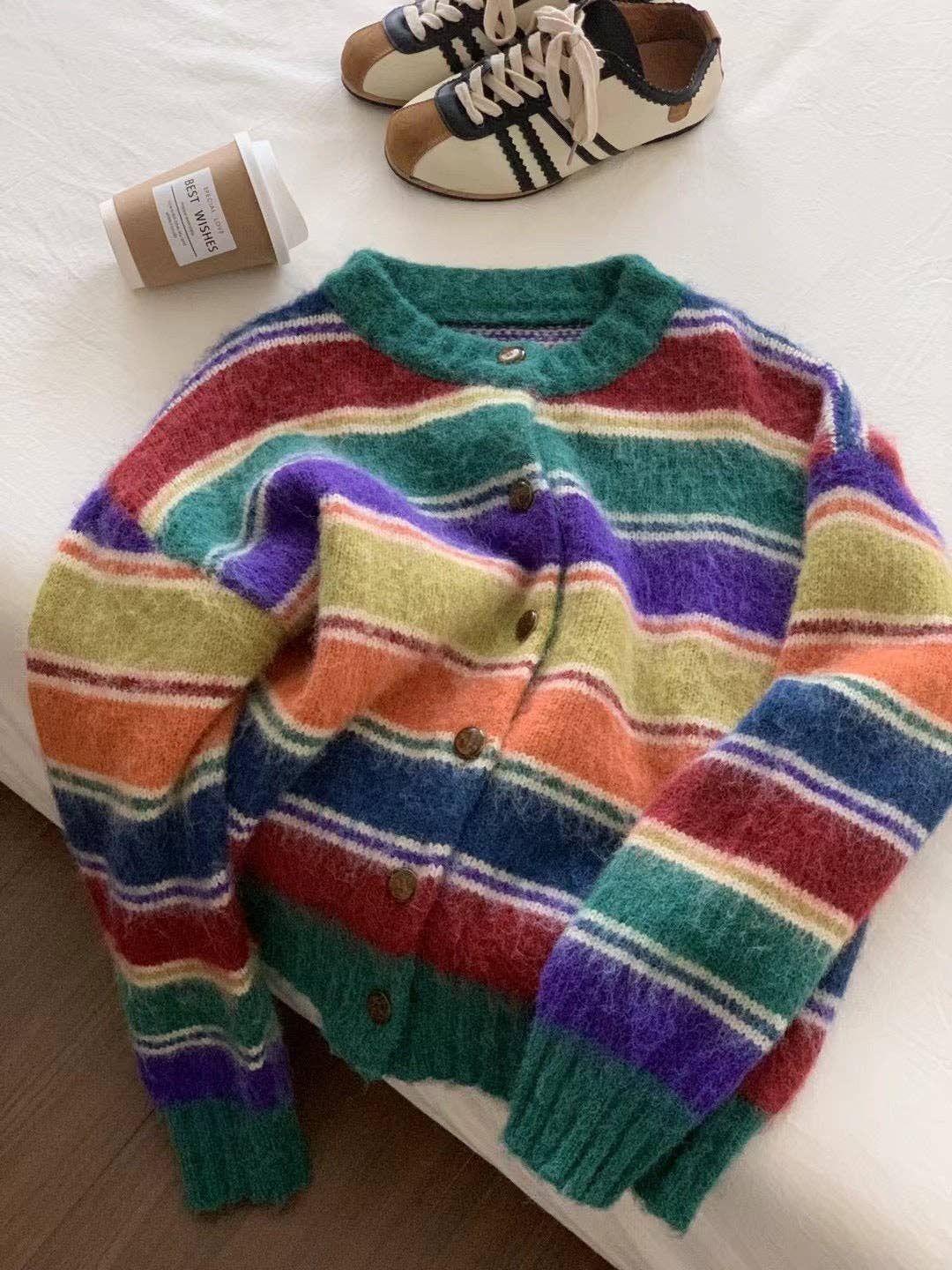 Marayn - Wholesale Cardigan - Women's - Retro Rainbow Stripe Knit Cardigan Cozy  Chic0