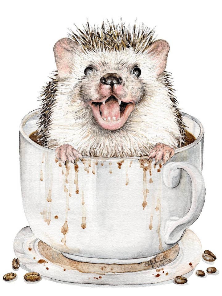 Coffee Hedgehog Animal Signed Archival Giclee Print for wholesale by Holly Simental