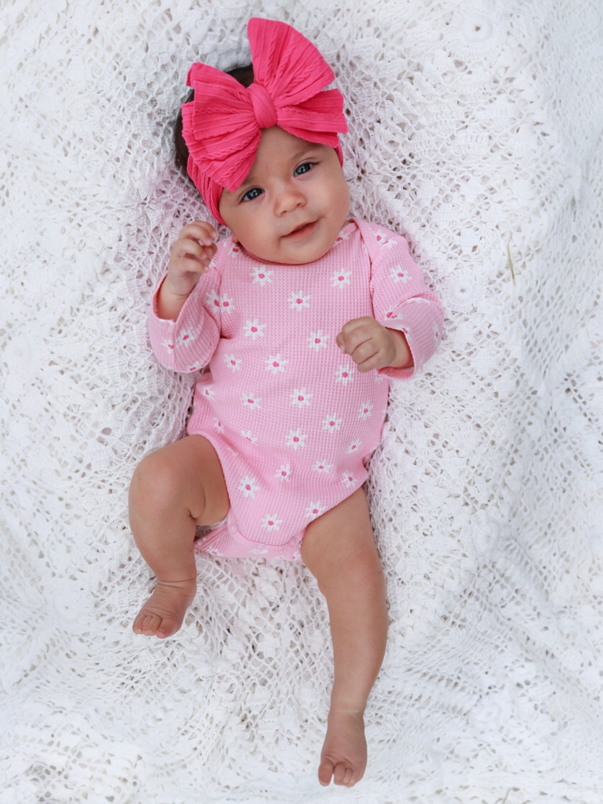 SpearmintLOVE - Wholesale Bodysuit (Non-Footed) - Baby - Organic Waffle Long Sleeve Bodysuit, Pink Flower0