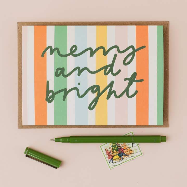 Fröhliche und helle gestreifte niedliche Weihnachtskarte für den Großhandel von Letterbox Lane