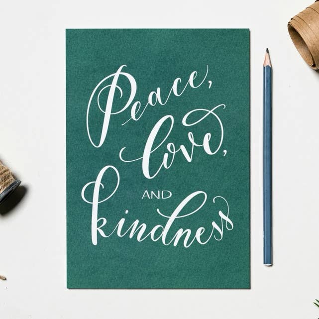 Peace, Love, and Kindness hand-lettered holiday card for wholesale by Molly Chidsey Illustration & Design