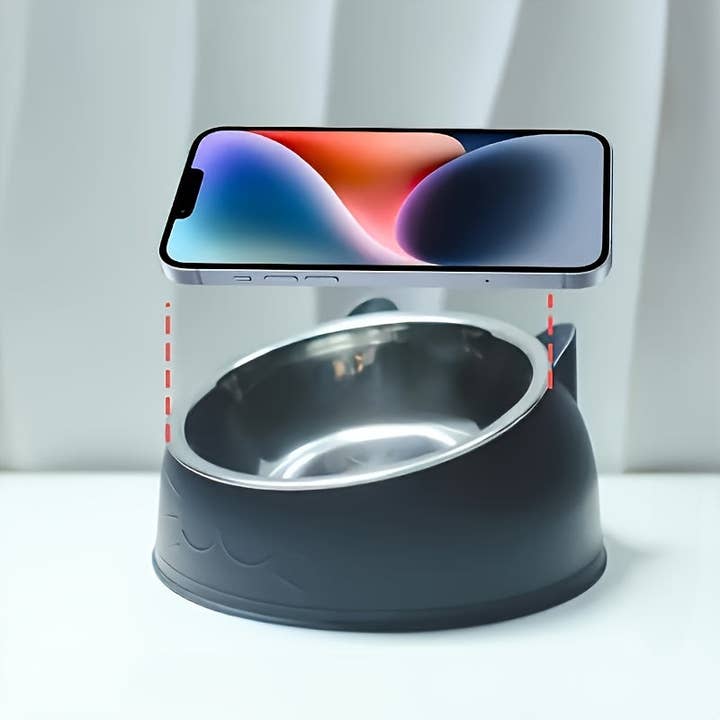 DIYSTORE - Wholesale Pet Bowl - Cat/Dog - 1pc Elevated Stainless Steel Cat Bowl, 2-in-1 Inclined Food & Water Dish with Cute Ear Stand, Neck Protection Design for Cats