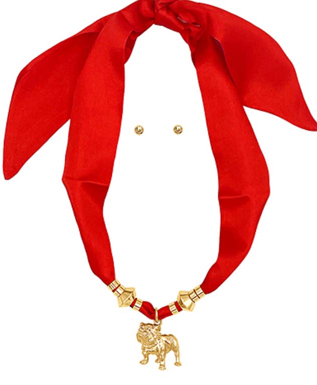 Grace Ann Designs - Wholesale Pendant/Charm Necklace - Red Scarf Bulldog Necklace (Gameday Accessory)