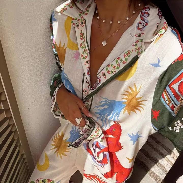 CREAMY Floral Print Long Sleeve Shirt And Pants Set for wholesale on Faire