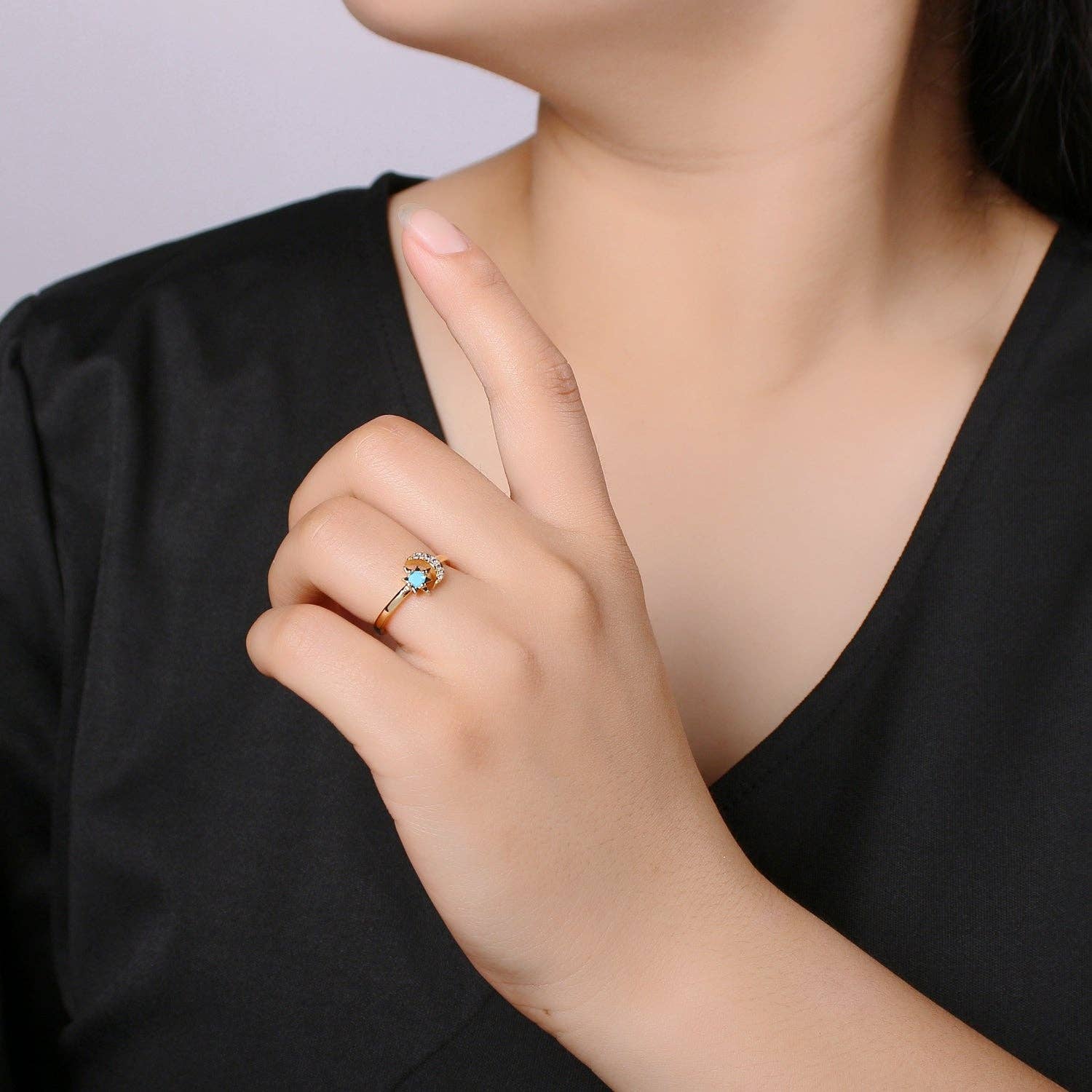 Aim Eternal - Wholesale Multi-Stone Ring - 14K Gold Open Moon & Star Ring, crescent moon ring, Adjustable Wrap Ring, love you to the moon ring, dainty moon ring O-2832