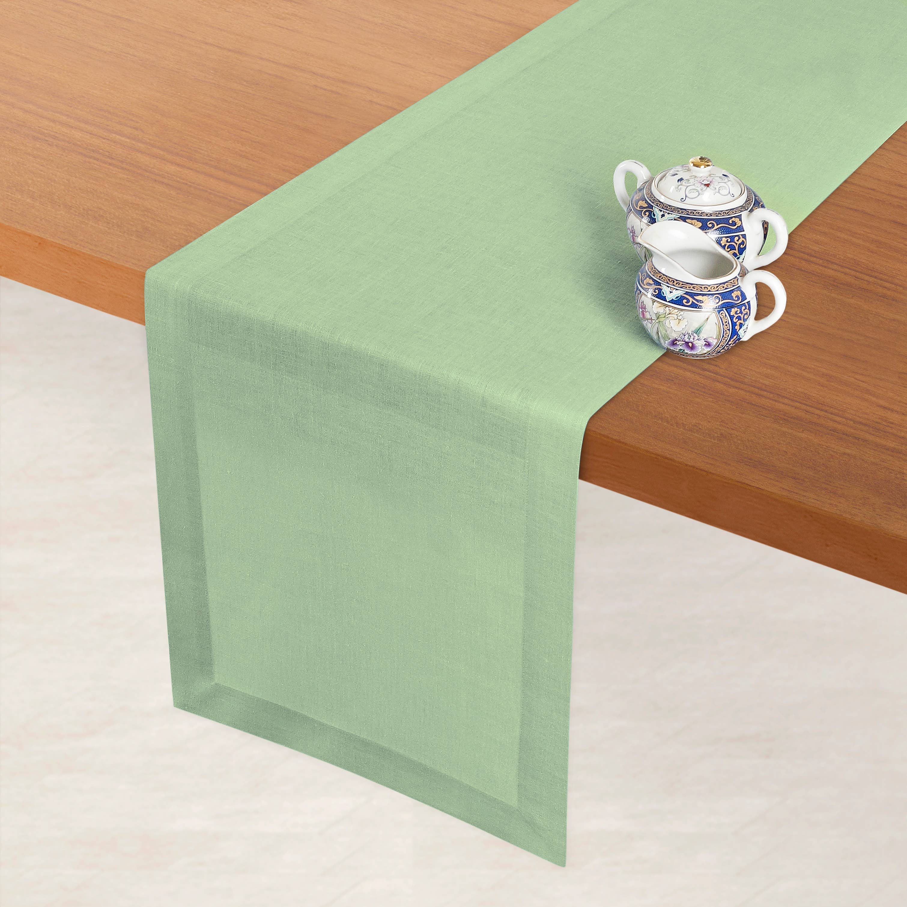 D'Moksha – wholesale Table runner – Sage Green Linen Table Runner - Mitered Corner2