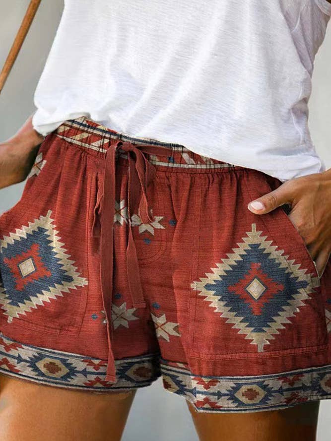 UNISHE - Wholesale Shorts - Women's - Western Aztec Print Drawstring Shorts - Size Chart Available