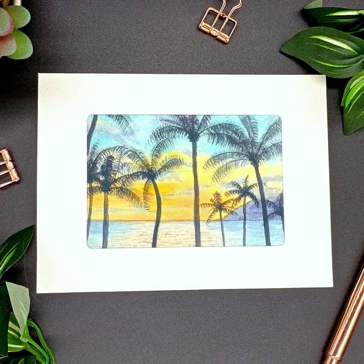 Palm trees, ocean, sunset watercolor greeting card for wholesale by Kathryn Paul Fine Art