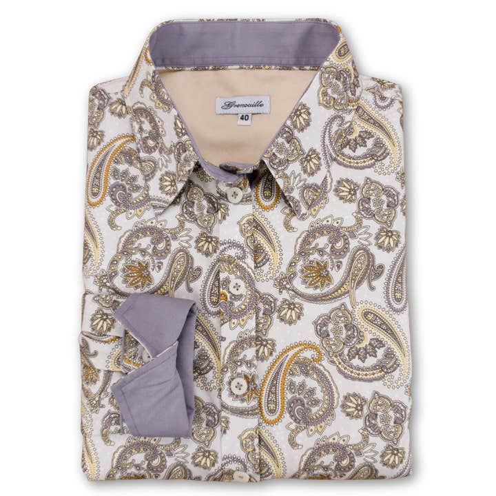 Grenouille Ladies Silver Grey & Cream Beige Paisley Shirt for wholesale by Salamander Shirts Ltd