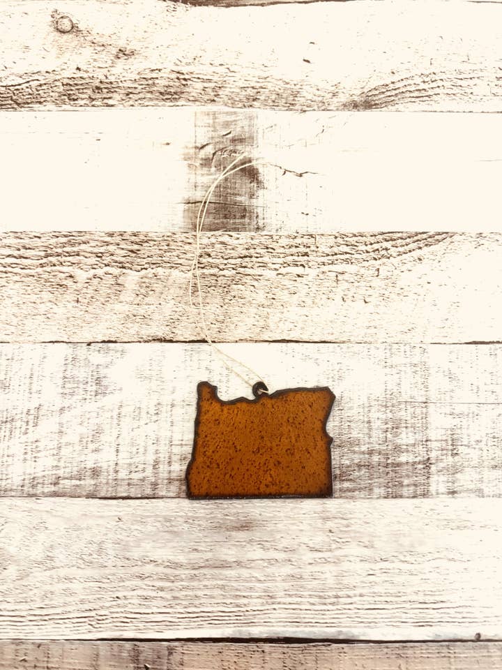 Oregon State Shape Rustic Metal Ornament for wholesale by Universal Ironworks USA
