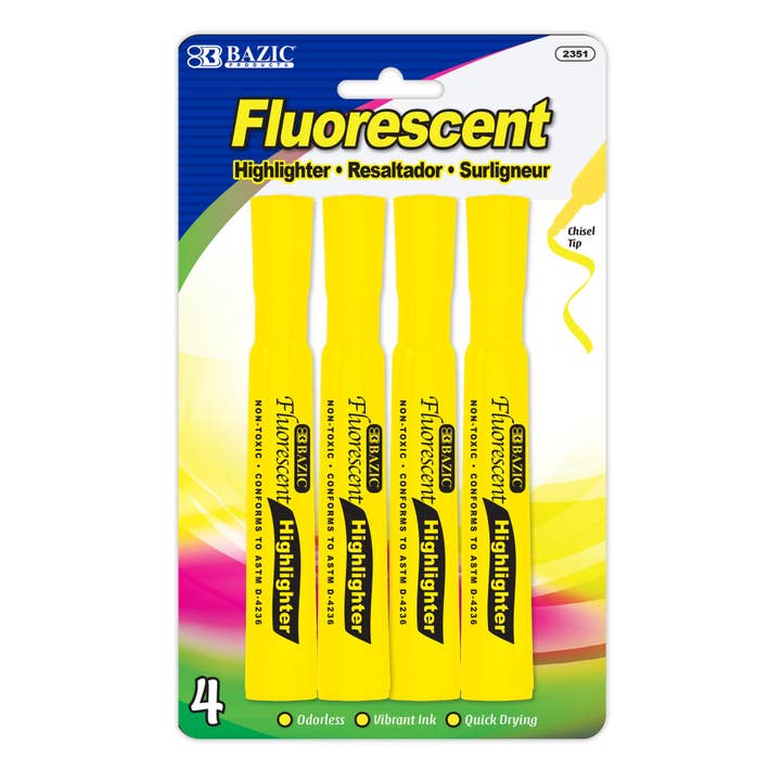 Desk Style Fluorescent Highlighters Yellow (4/Pack) for wholesale by BAZIC Products