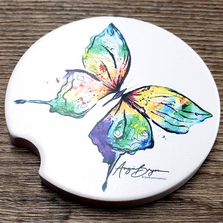 Posavasos de arenisca con diseño de mariposa multicolor para venta al por mayor de Angie Bryan Creations